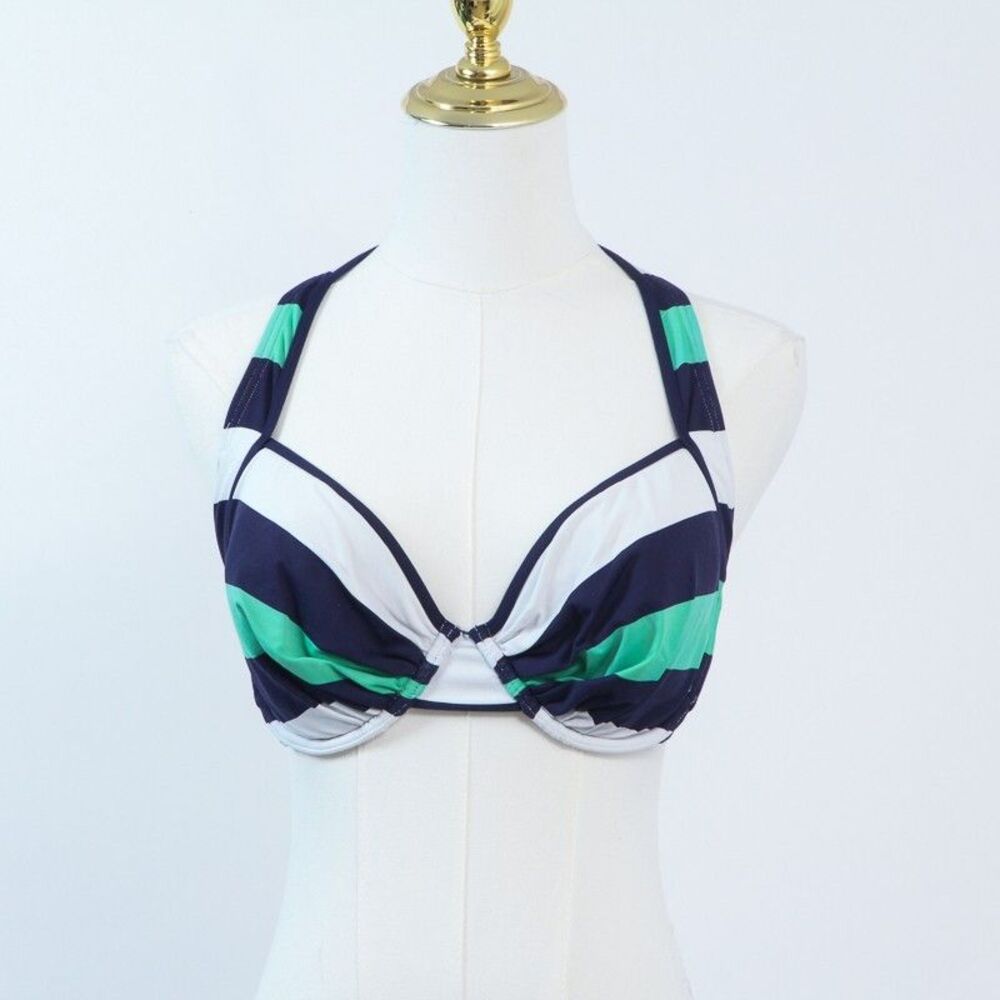 Tommy Bahama 34DD Nautical Striped Bikini Top Underwire Halter Swimsuit TSW35500